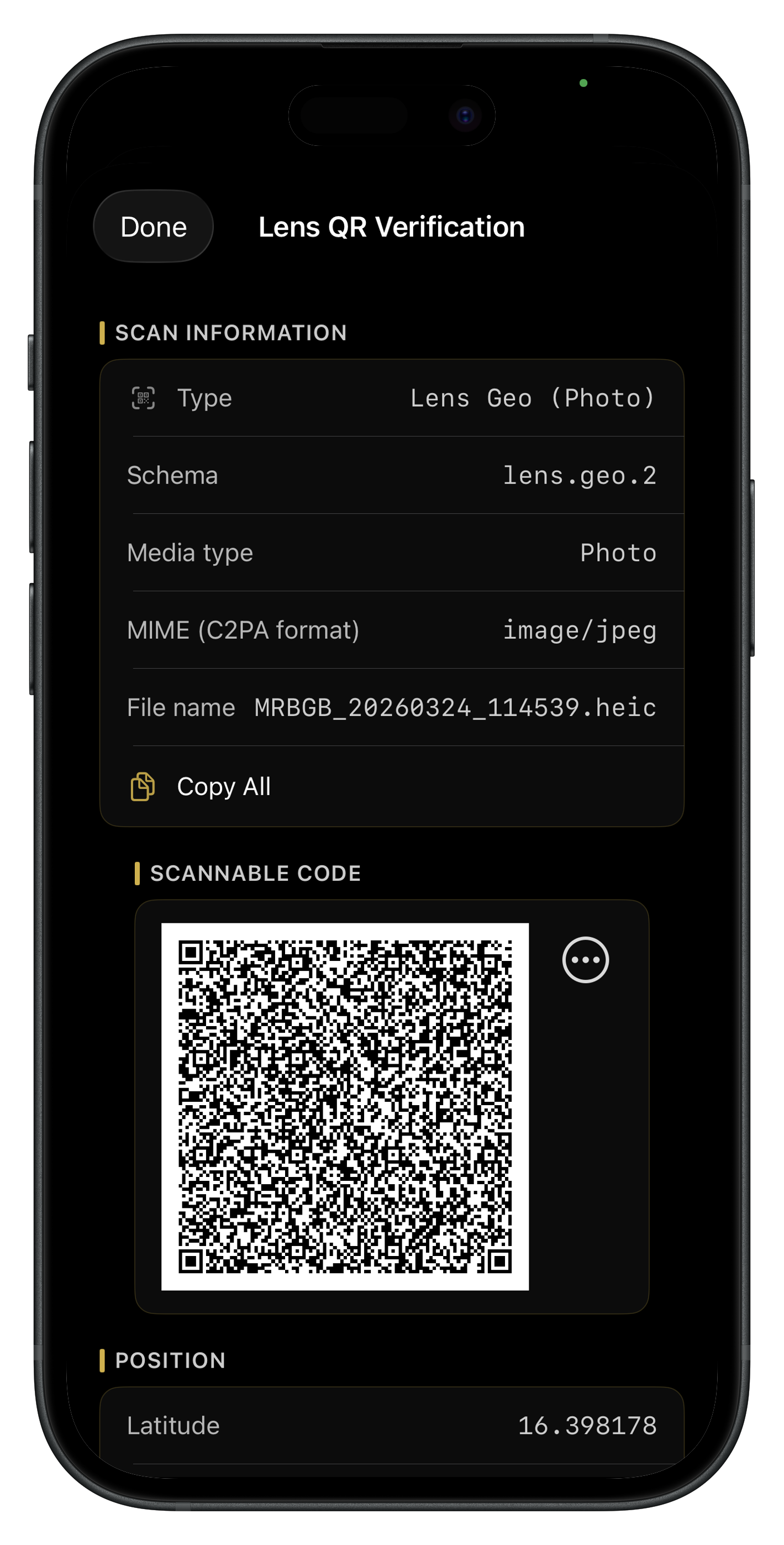 Lens verification screen showing C2PA metadata and authenticity status