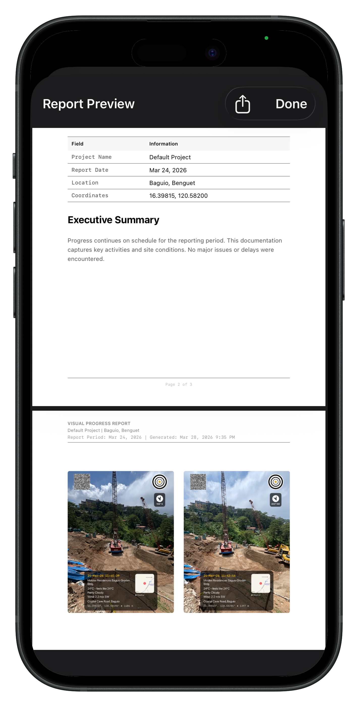 Generated PDF-style field report preview with site photos in Lens